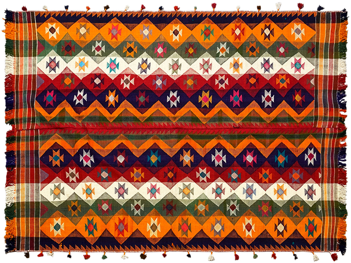 Tapis jajim à rayures avec motifs géométriques, franges, multicolore