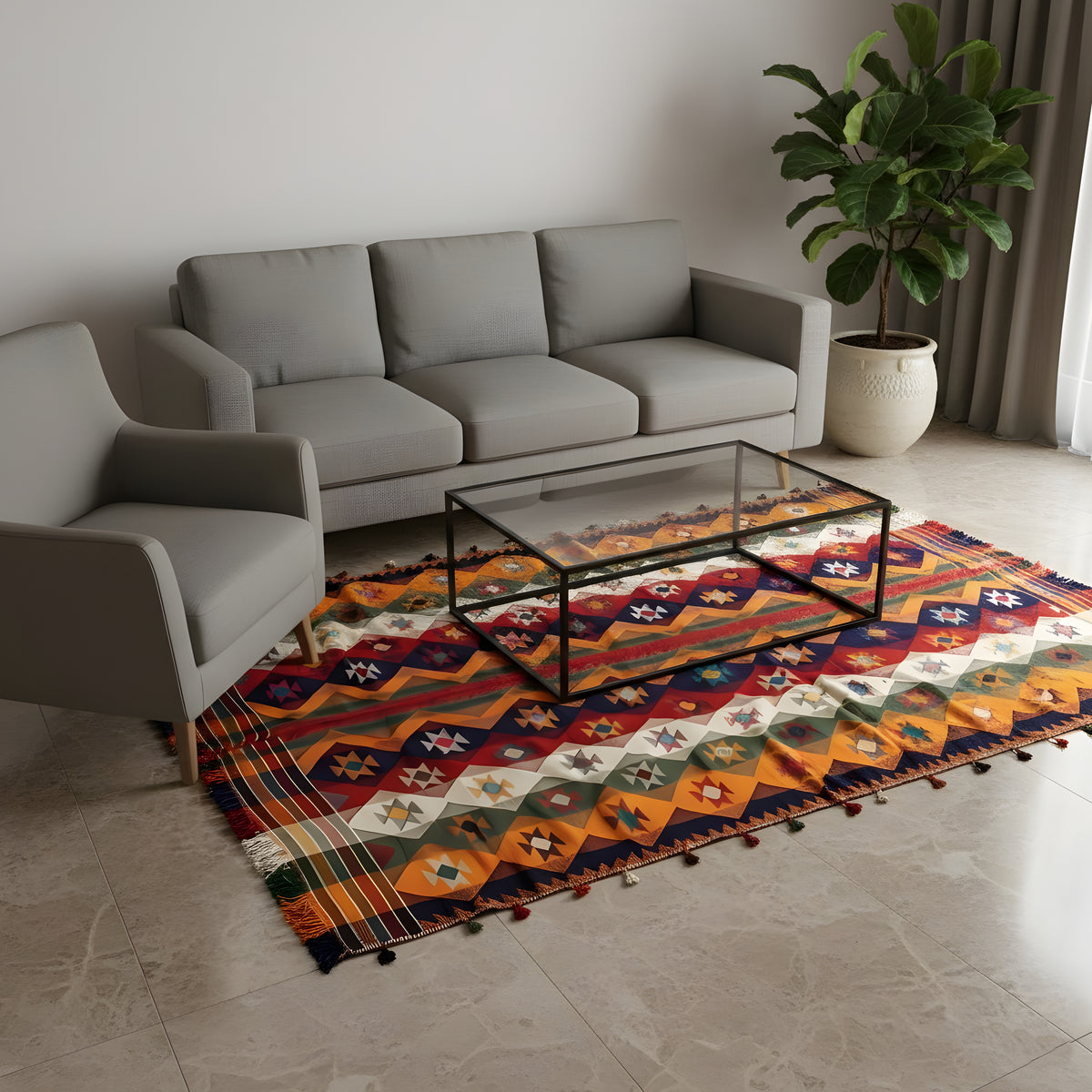 Tapis jajim au sol, aspect patchwork coloré avec franges, 240x164 cm