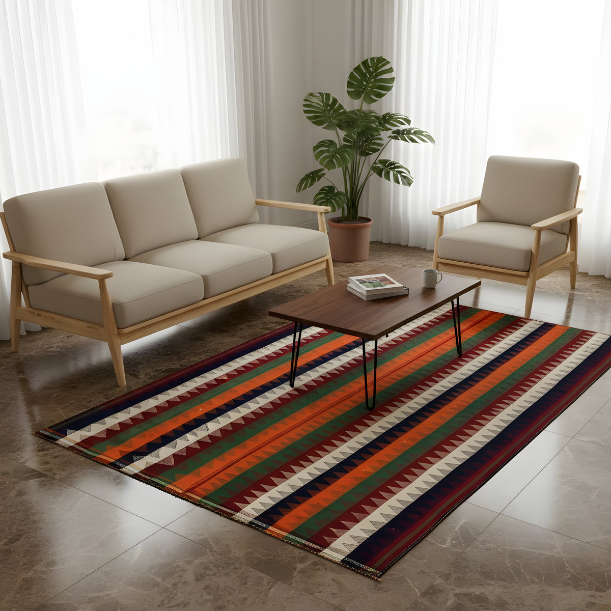 Tapis Jajim rectangulaire sur fond clair, avec motifs multicolores en zigzag et à rayures