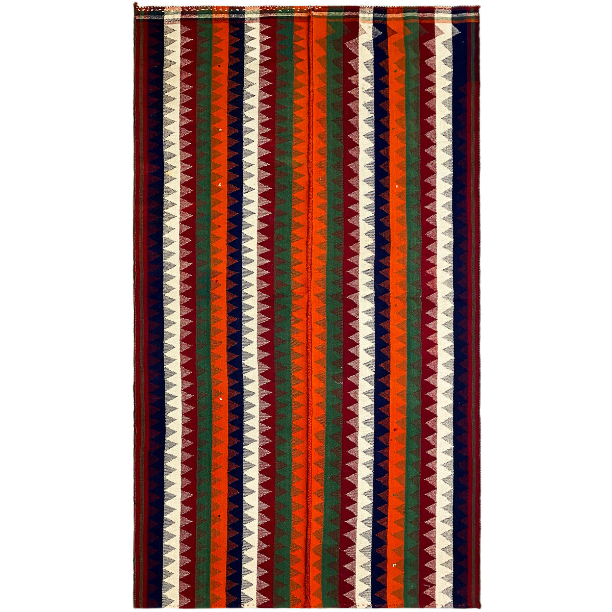 Tapis jajim rectangulaire à motifs en zigzag et à rayures, vert, rouge, bleu et crème