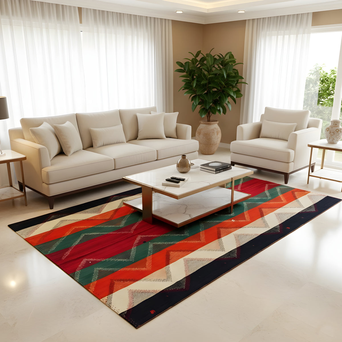 Tapis dans le séjour avec un motif zigzag multicolore en rouge, vert, orange et bleu foncé