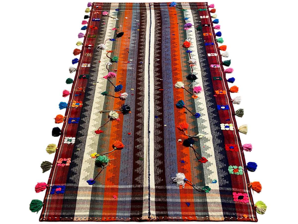 Tapis Jajim coloré à rayures verticales, applications florales et pompons