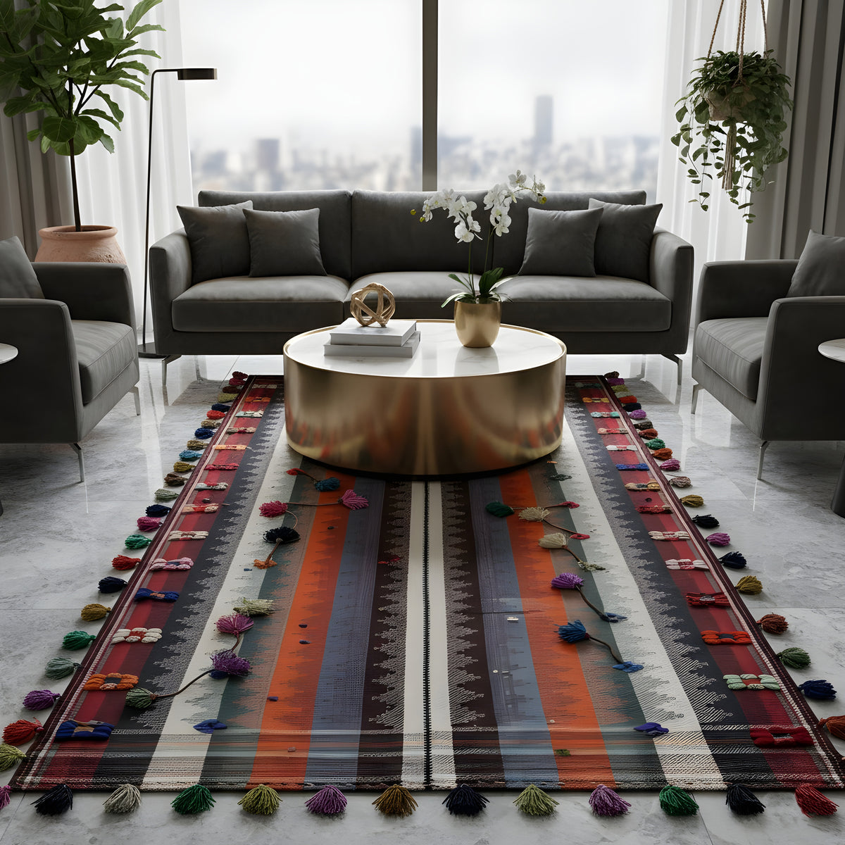 Tapis rayé avec pompons colorés et accents floraux pour la zone au sol