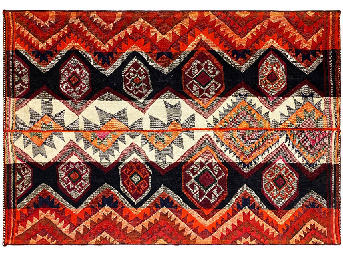 Tapis jajim à larges motifs et lignes en zigzag rouges, noires et crème
