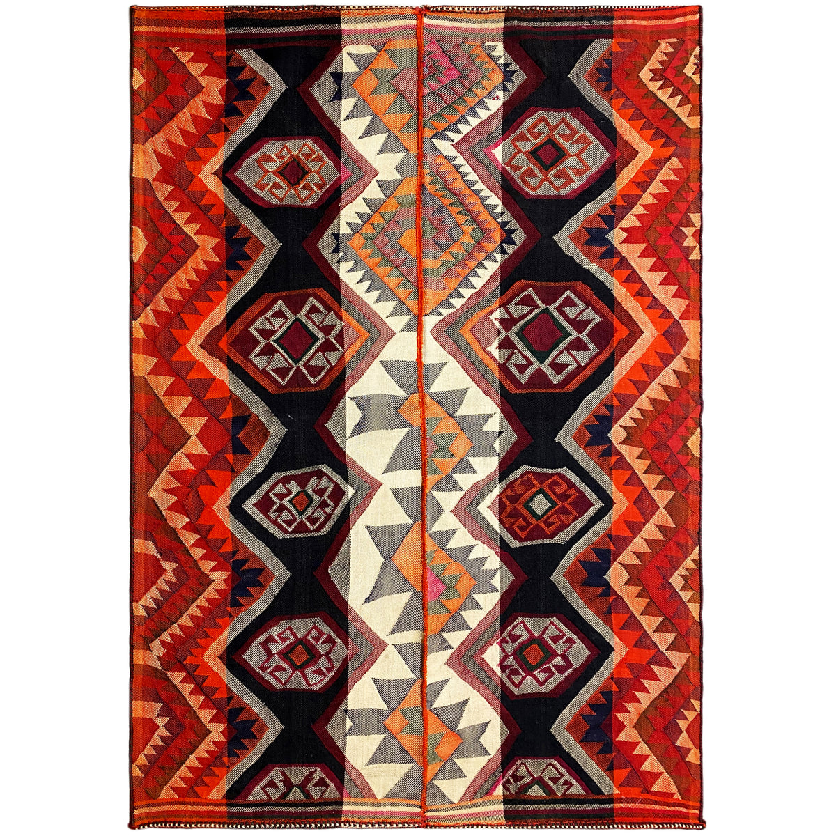 Tapis jajim rectangulaire à motifs de losanges et de zigzags rouges, noirs et crème