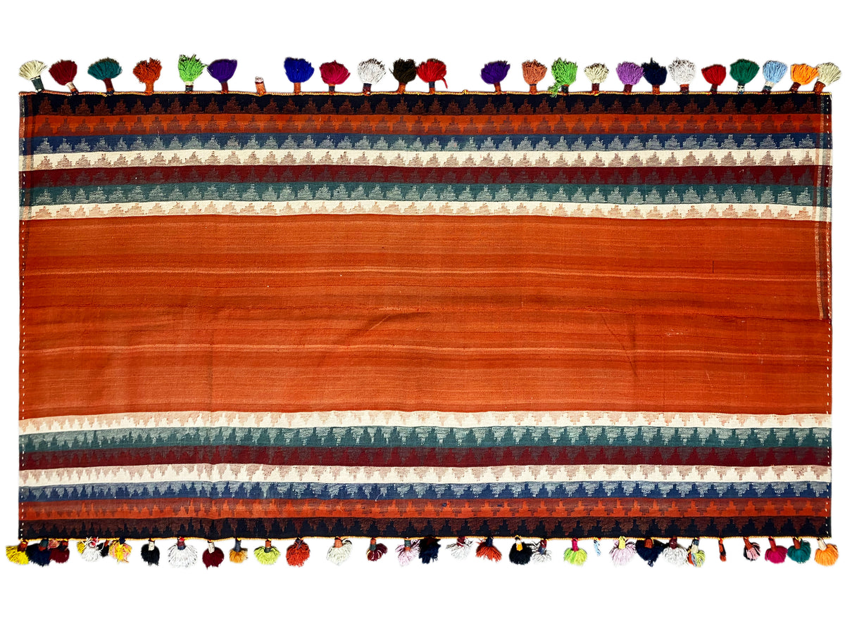Vue détaillée du tapis Jajim : large bande terracotta avec bordure et franges multicolores
