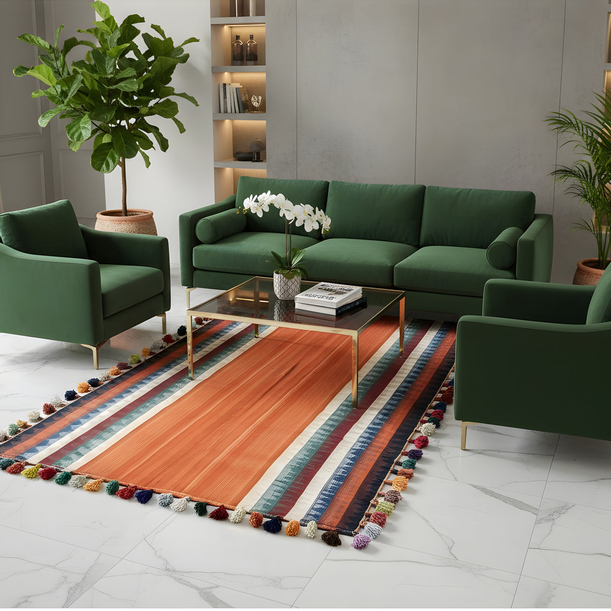 Tapis jajim dans la pièce à vivre : terracotta avec motif à rayures et pompons colorés sur les bords