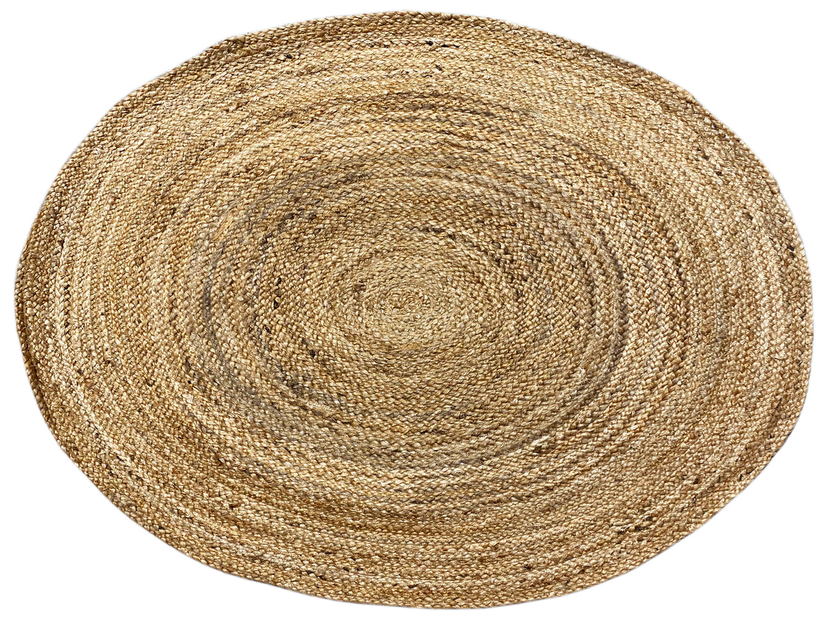 Tapis rond en jute beige à motif d’anneaux en spirale, surface tissée à plat