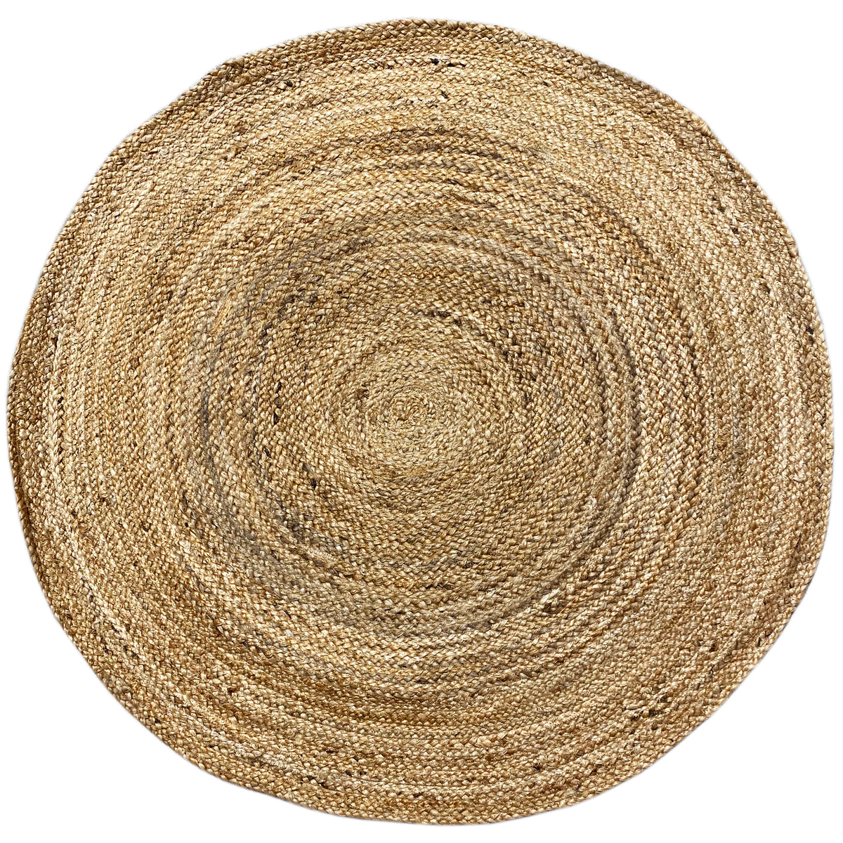 Tapis rond beige en jute avec motif en anneaux spiralés, aspect tissé à la main