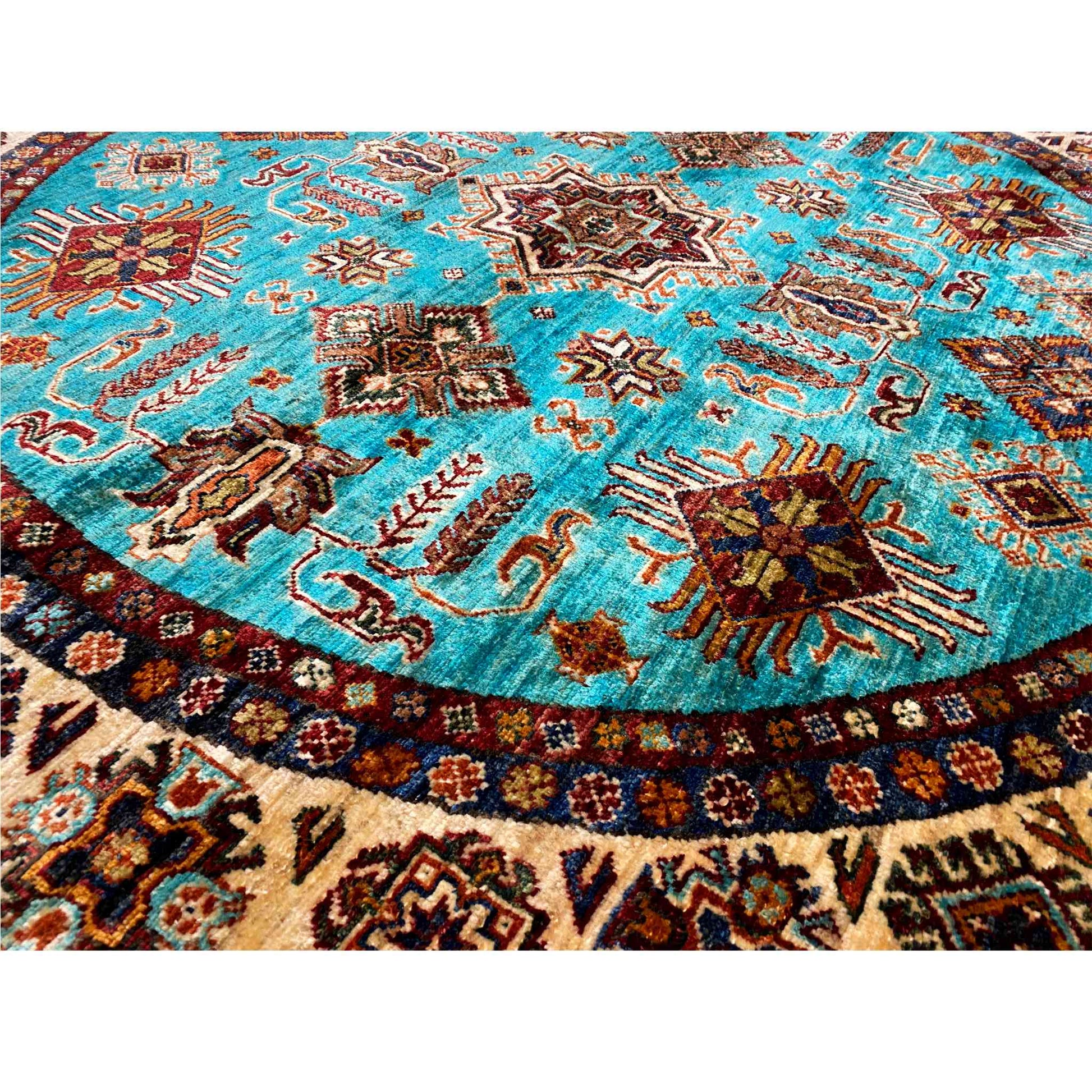 Türkisfarbener Runder Kazak Teppich, 177x180 cm - German Carpet Shop