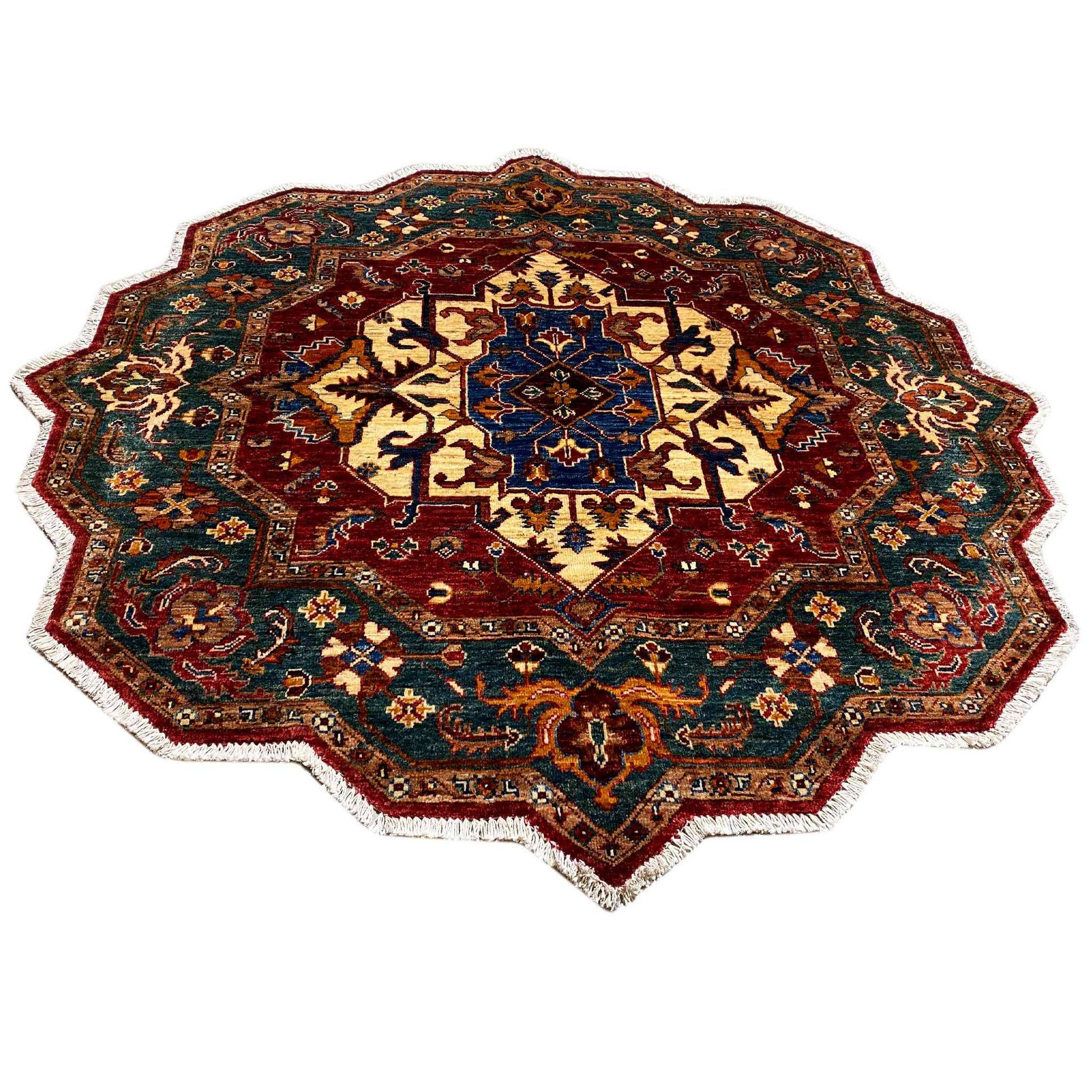 Roter & Blauer Achteckiger Kazak Teppich, 150x150 cm - German Carpet Shop