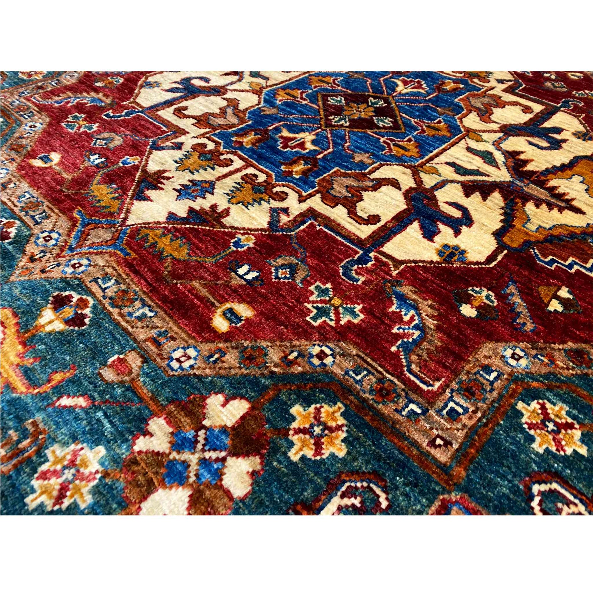 Roter & Blauer Achteckiger Kazak Teppich, 150x150 cm - German Carpet Shop