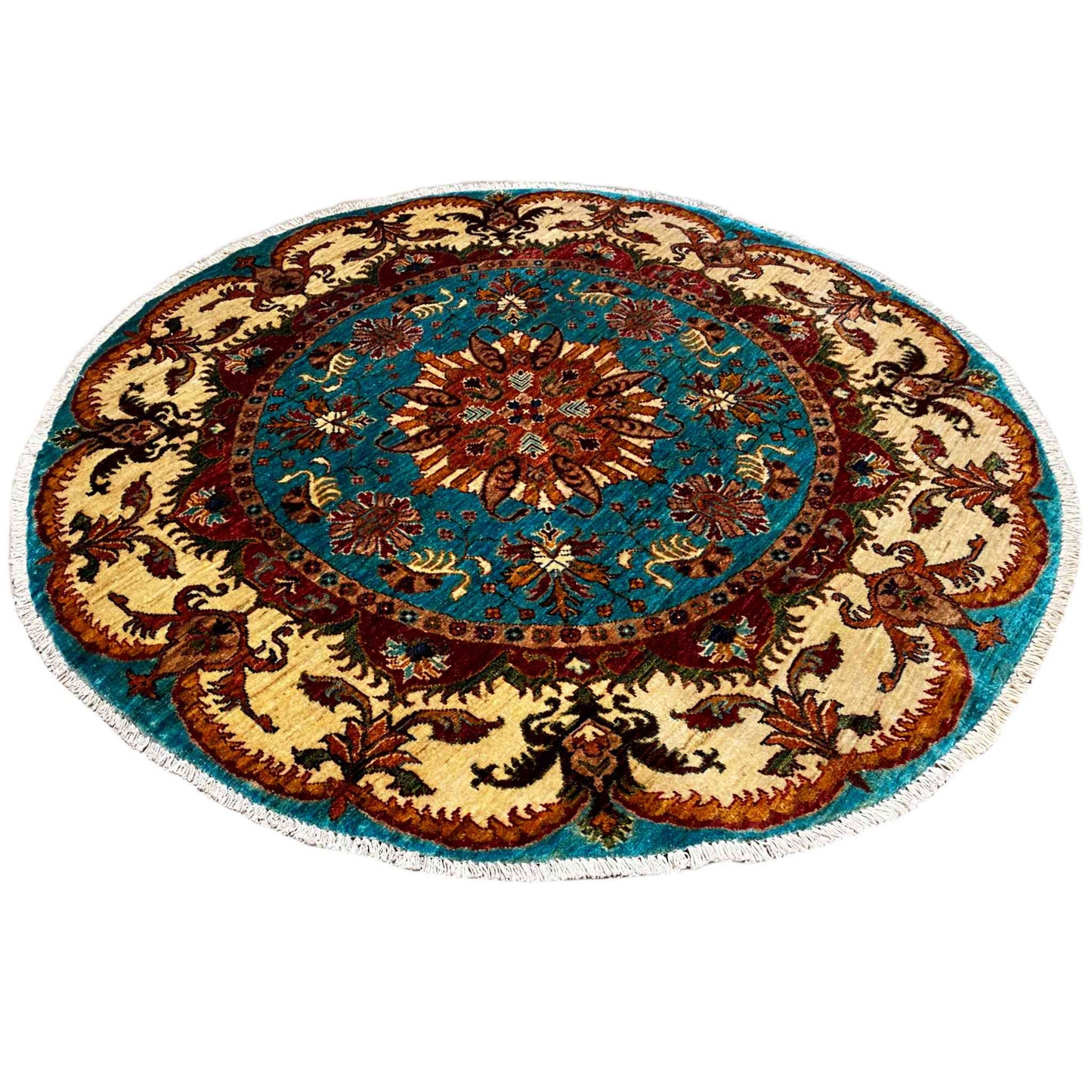 Türkis & Beiger Runder Kazak Teppich, 139x139 cm - German Carpet Shop