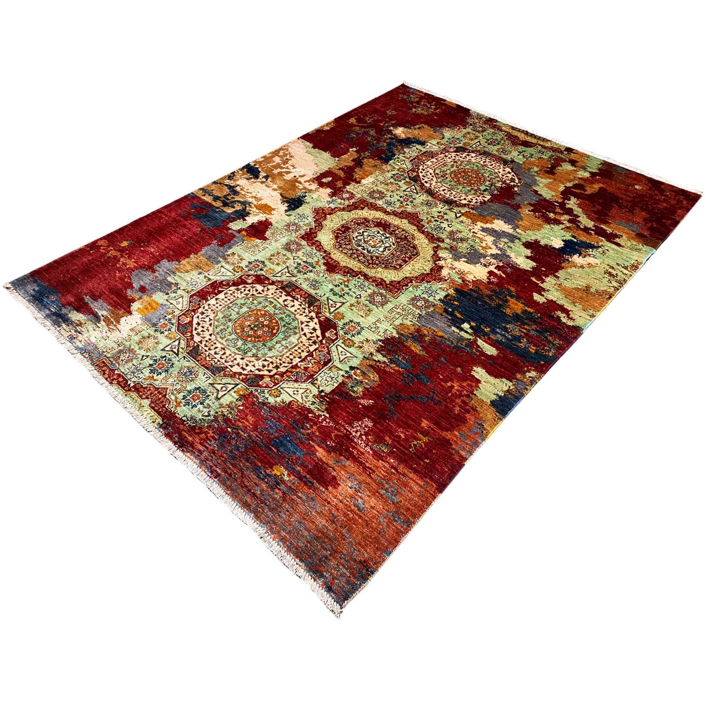 Mamluk Handgeknüpfter Teppich Rot Grün 237x176 cm - German Carpet Shop