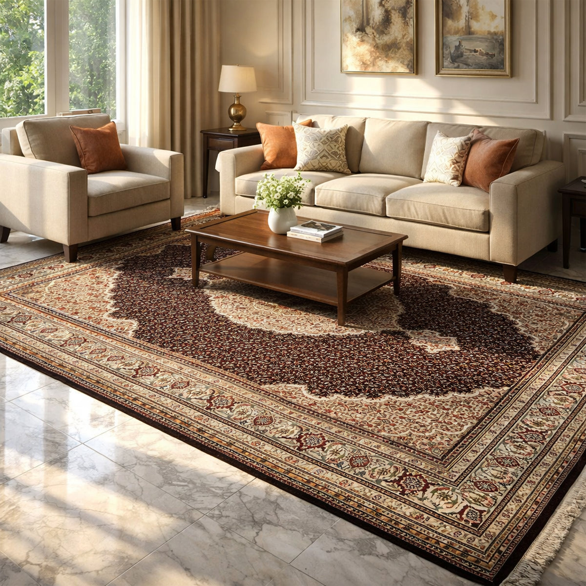 Tapis Indo-Tabriz brun posé à plat dans le salon, médaillon central et bordures