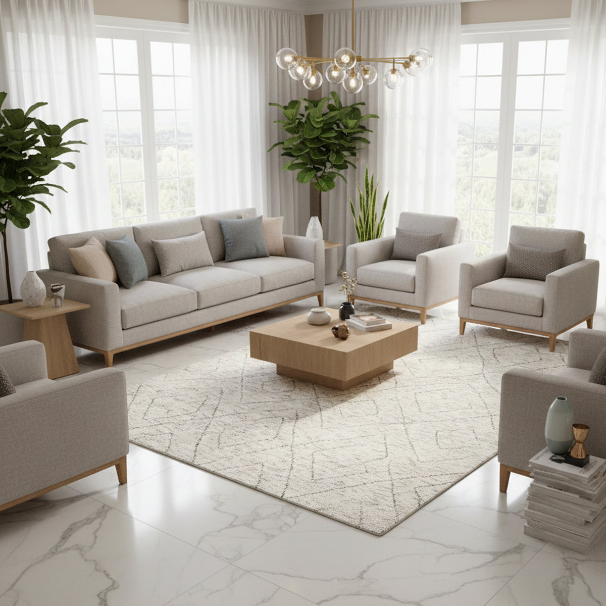 Tapis berbère à motif géométrique linéaire beige clair et gris, présenté dans un intérieur de salon