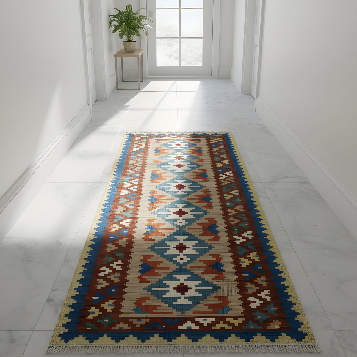 Tapis kilim dans le couloir : motifs géométriques en bleu, orange, vert et crème