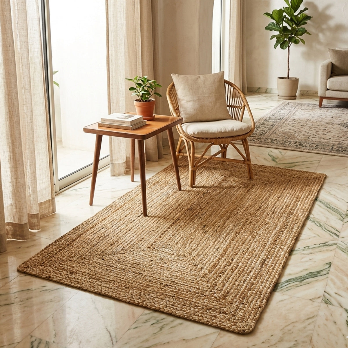 Tapis en jute beige, rectangulaire, à structure grossièrement tissée, env. 60x110 cm