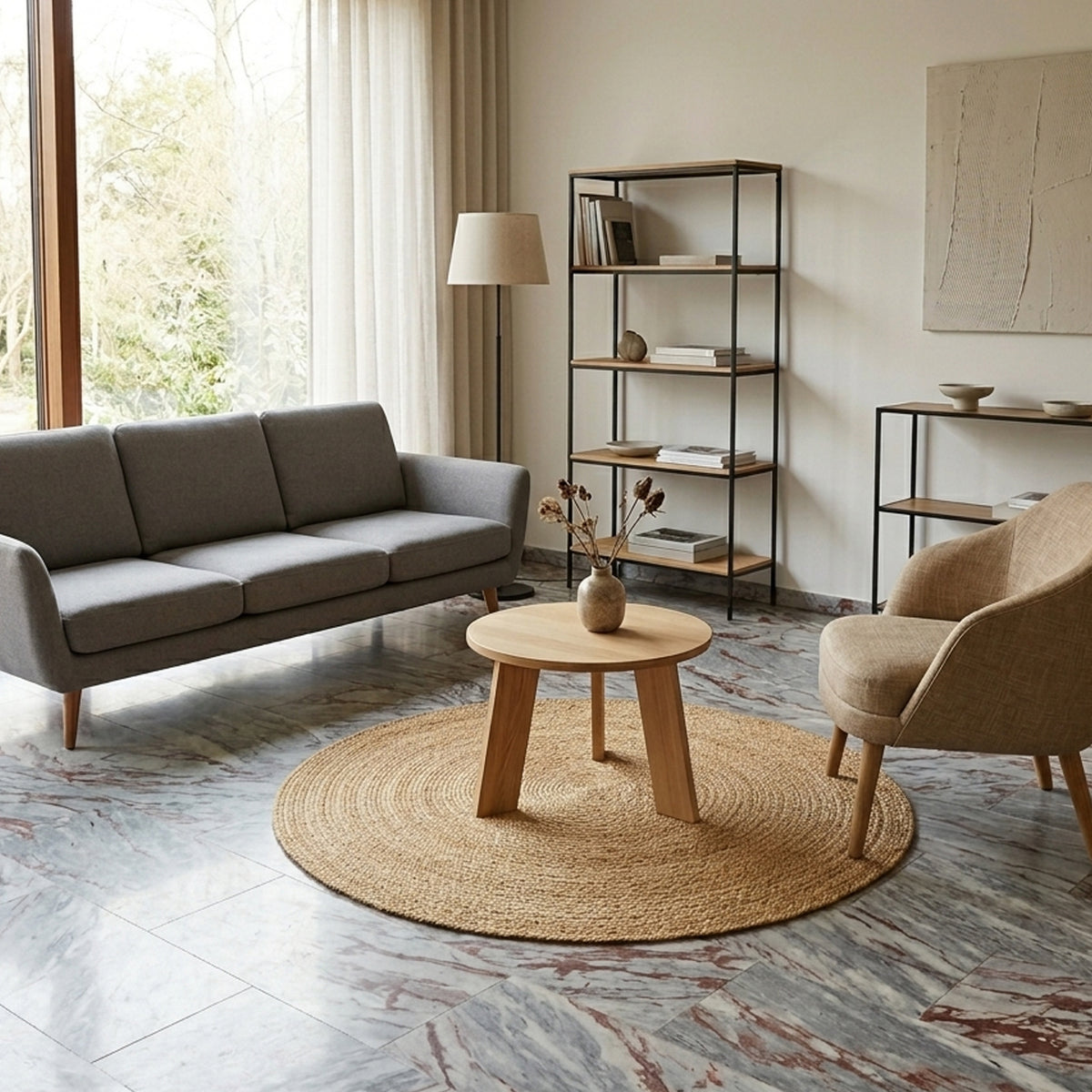 Tapis rond en jute beige, tissé à la main, posé au sol dans le salon