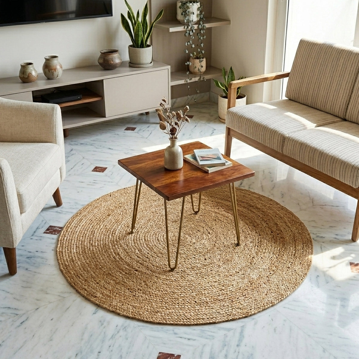 Tapis rond en jute, couleur naturelle, tressé, 80x80 cm