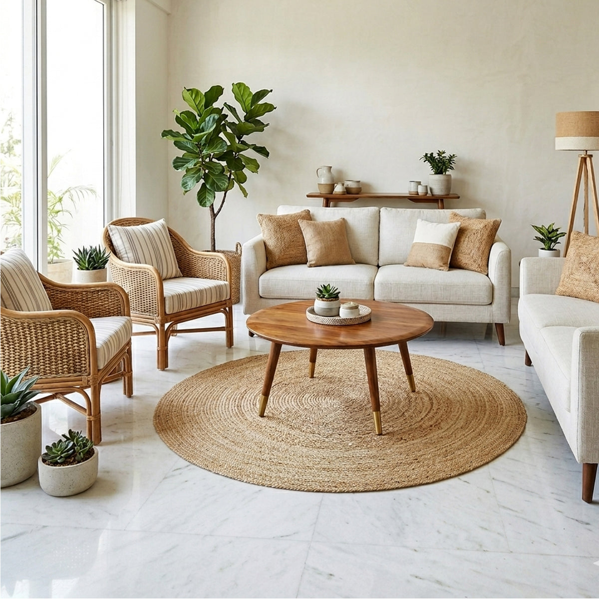 Tapis rond en jute à structure tressée, couleur naturelle