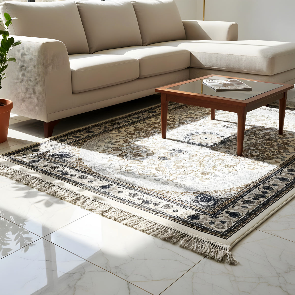 Tapis oriental rectangulaire, crème/or & bleu marine, médaillon central, franges