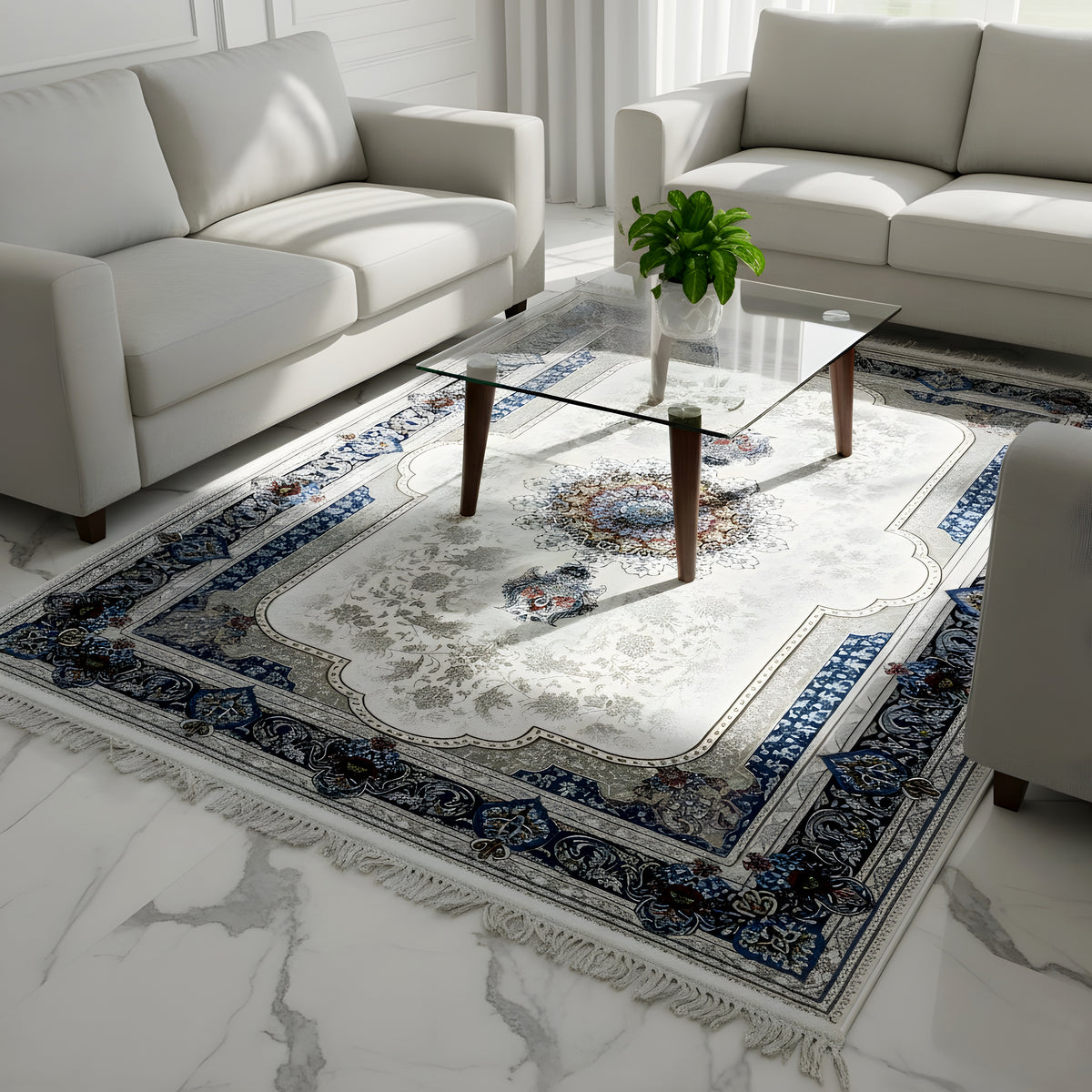 Tapis couleur crème 170x240 cm avec bordure bleue et franges sur le pourtour