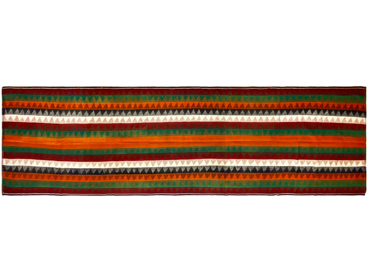 Tapis couloir jajim horizontal : rayures multicolores et motif en zigzag, bordure gansée