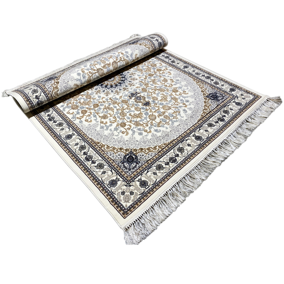 Tapis oriental Leyla roulé, fond crème, ornements dorés, franges