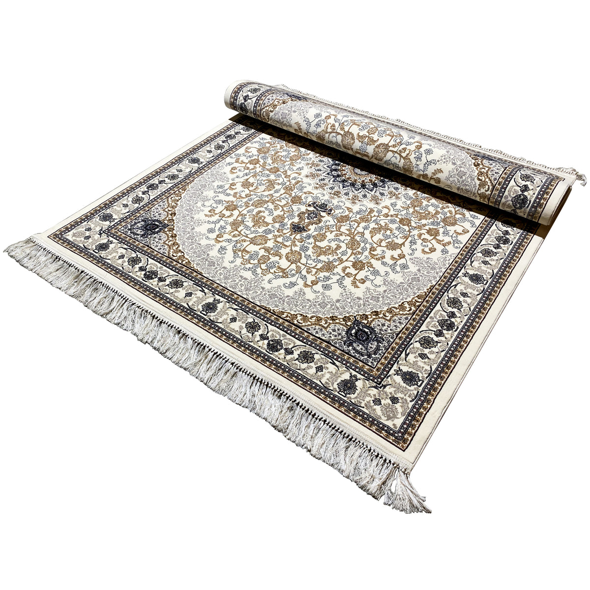 Tapis oriental Leyla enroulé, cercle central, ornements de bordure bleu foncé et franges