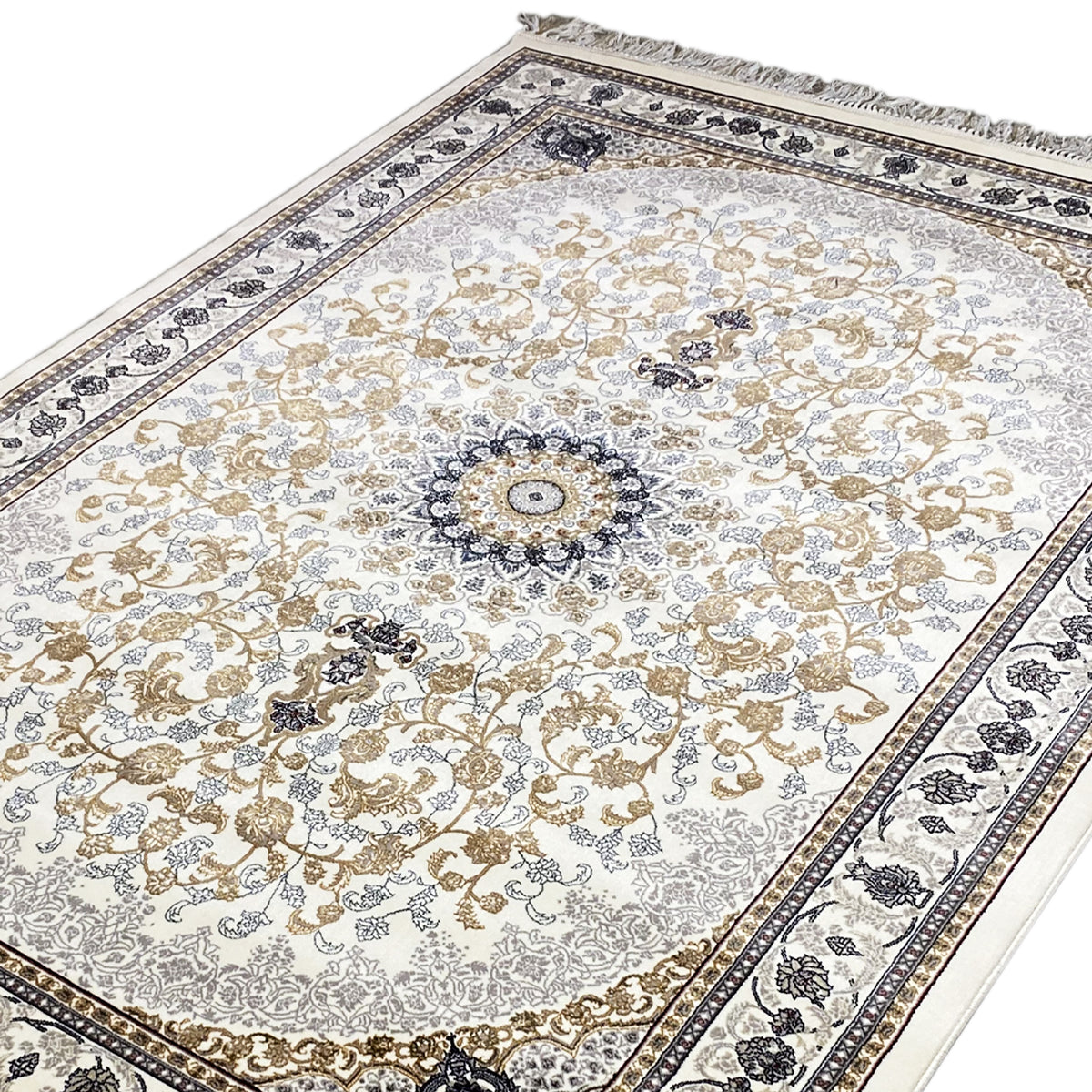 Vue détaillée : tapis oriental Leyla avec médaillon central et ornements de rinceaux doré-beige