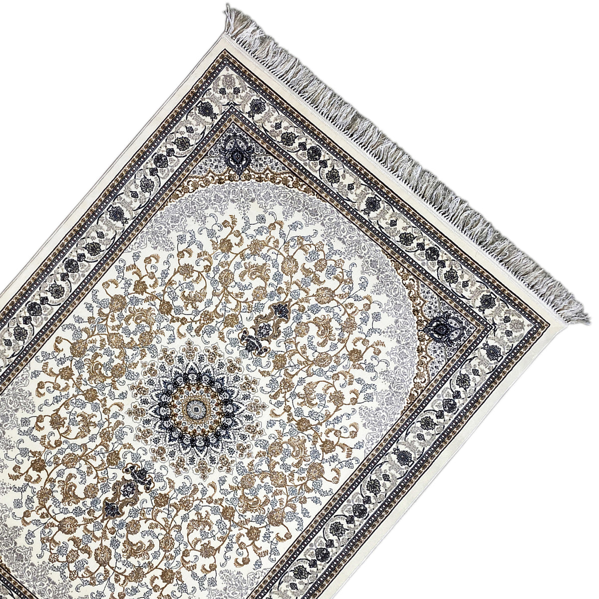 Tapis oriental Leyla vue en biais, velours crème, médaillon, bordures bleu foncé et franges
