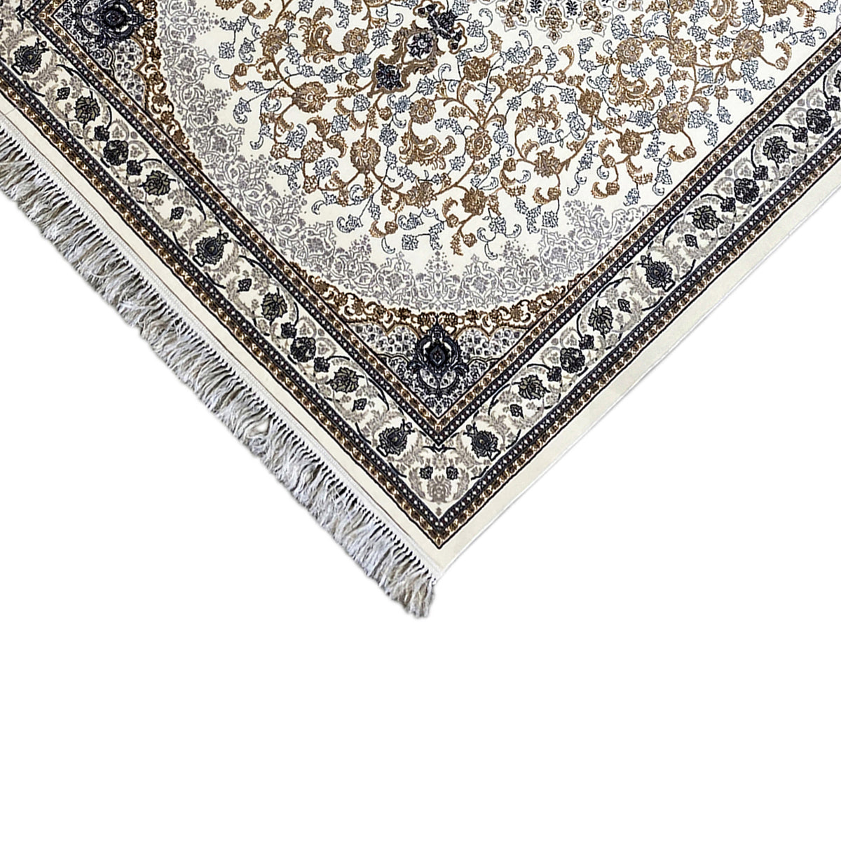 Détail d’angle : tapis oriental Leyla avec bordure bleu foncé, franges et ornements floraux