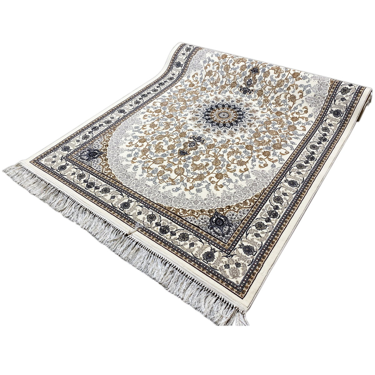 Tapis oriental à motifs de médaillons, crème/or et bleu foncé, avec franges