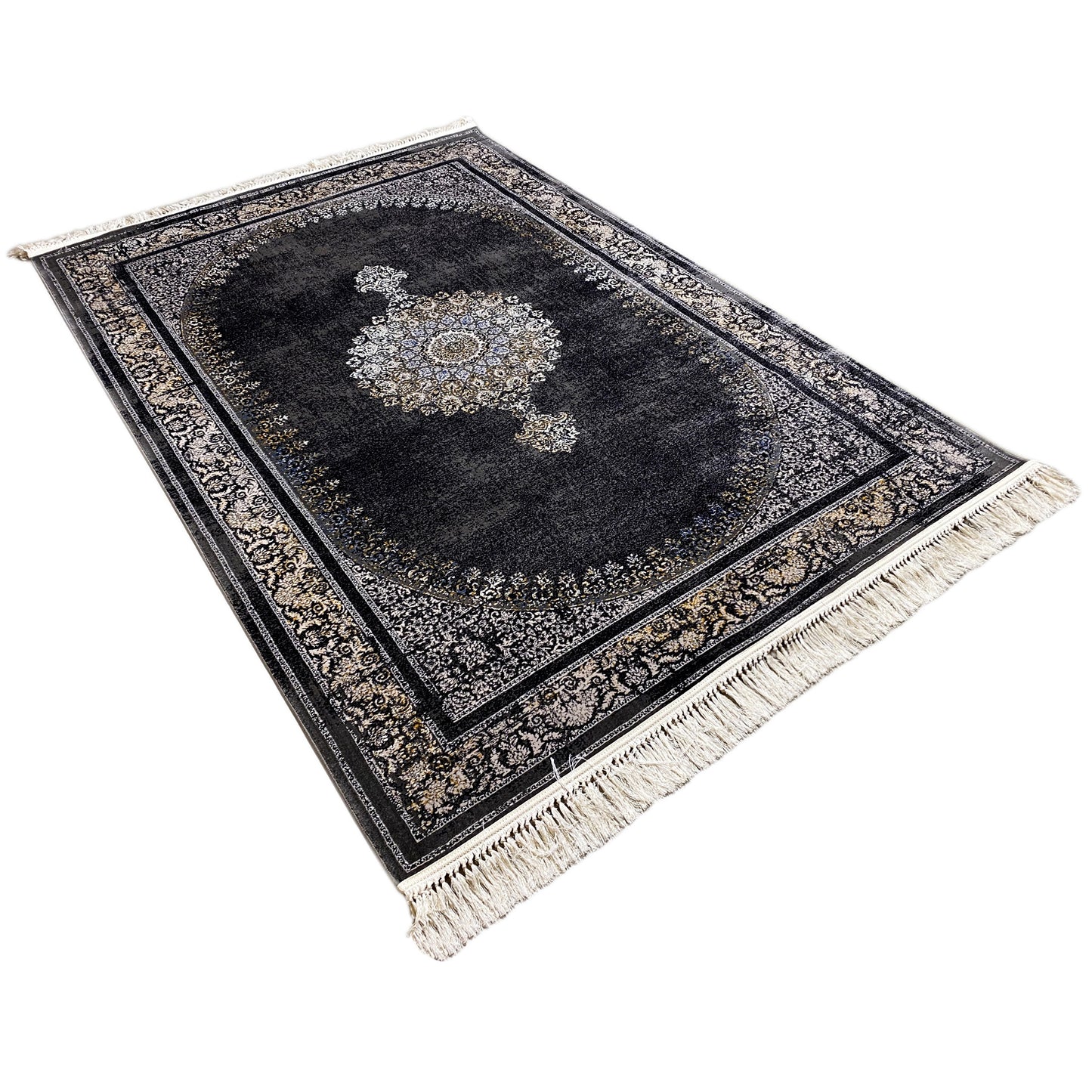 Woven teppich kaufen Medaillon Schwarz Grau 160x230 klassischer Rand