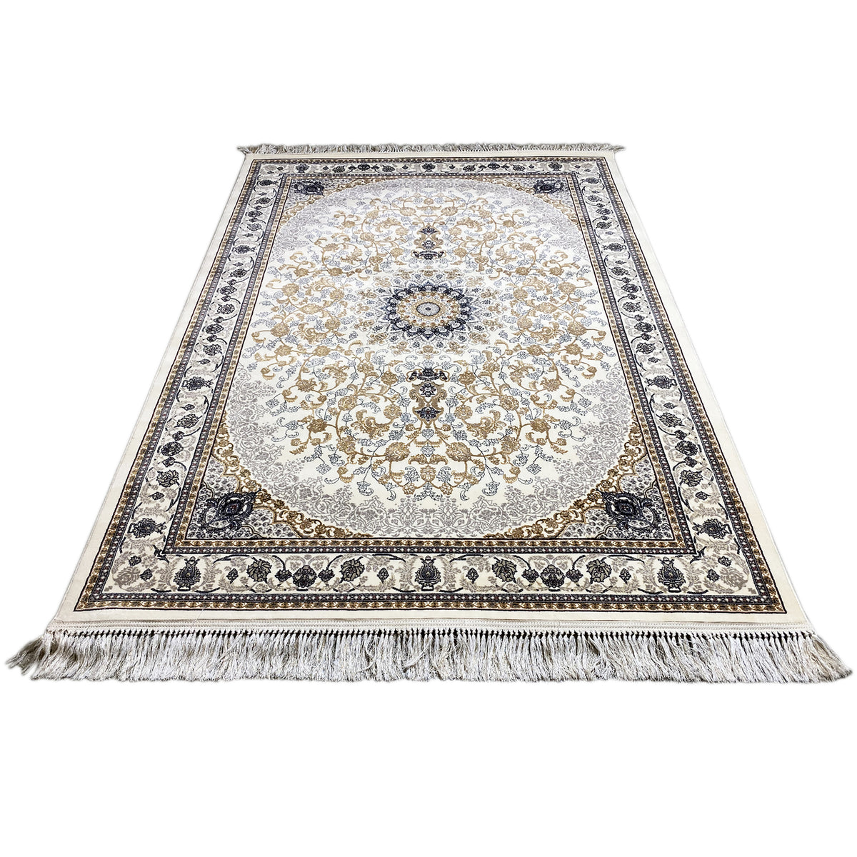 Tapis oriental à motifs de médaillons, crème/or, bordure décorative bleu foncé, franges