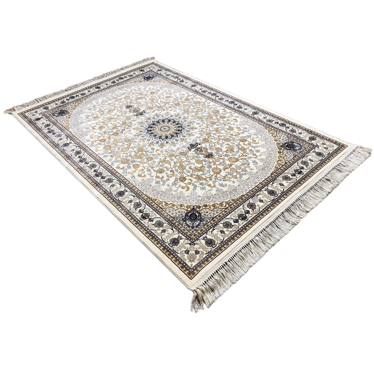 Tapis oriental à motifs de médaillons, crème, lignes dorées, bleu foncé, franges