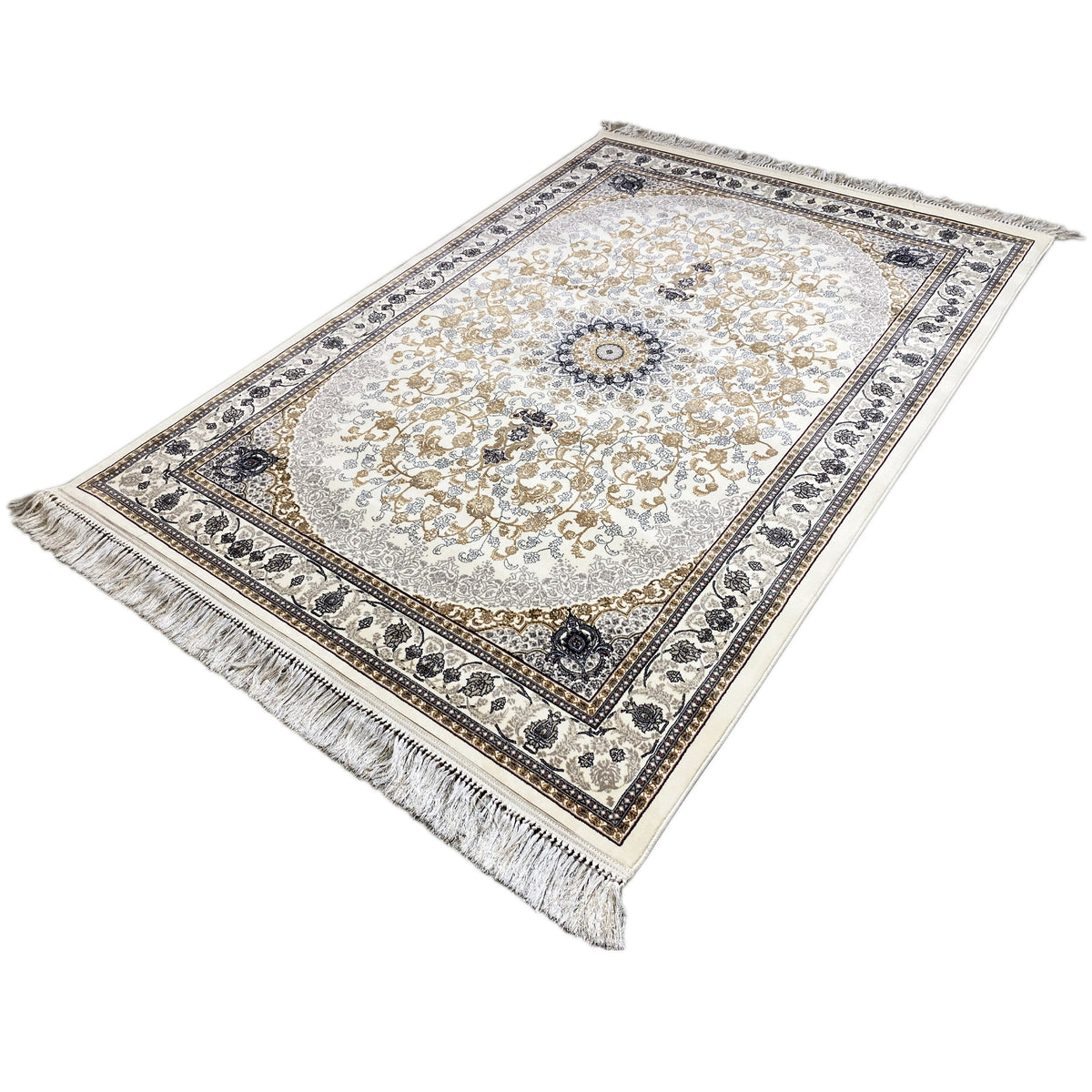 Tapis oriental Leyla à poils ras, avec motifs crème, médaillon, bordure et franges
