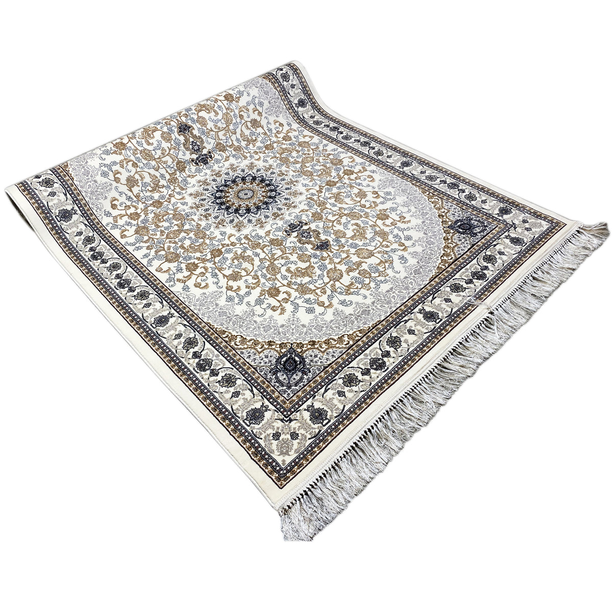Tapis oriental Leyla avec motif couleur crème, médaillon central, bordure et franges