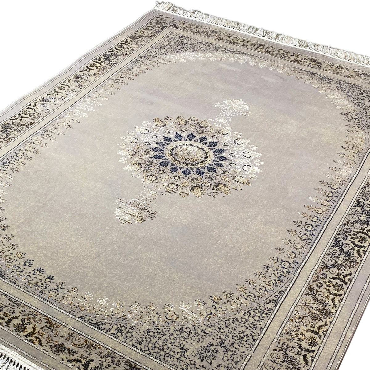 Tapis Wiesner 160x230 cm en gros plan : médaillon bleu, ornements dorés, bordure périphérique