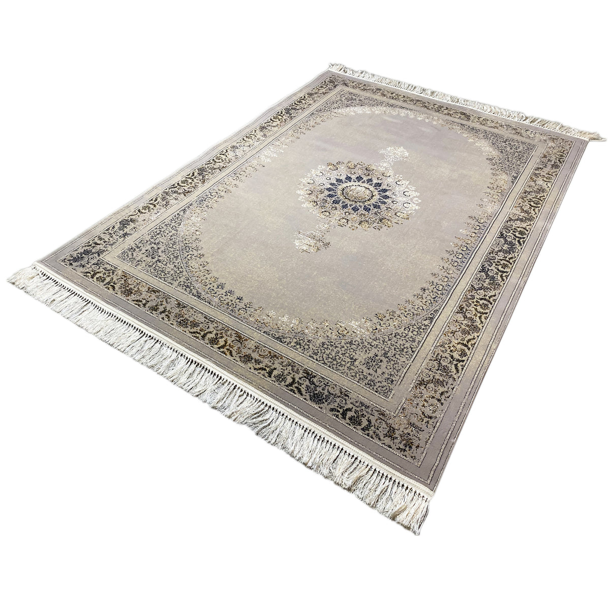 Tapis tissé 160x230 cm gris clair avec médaillon bleu et doré et franges