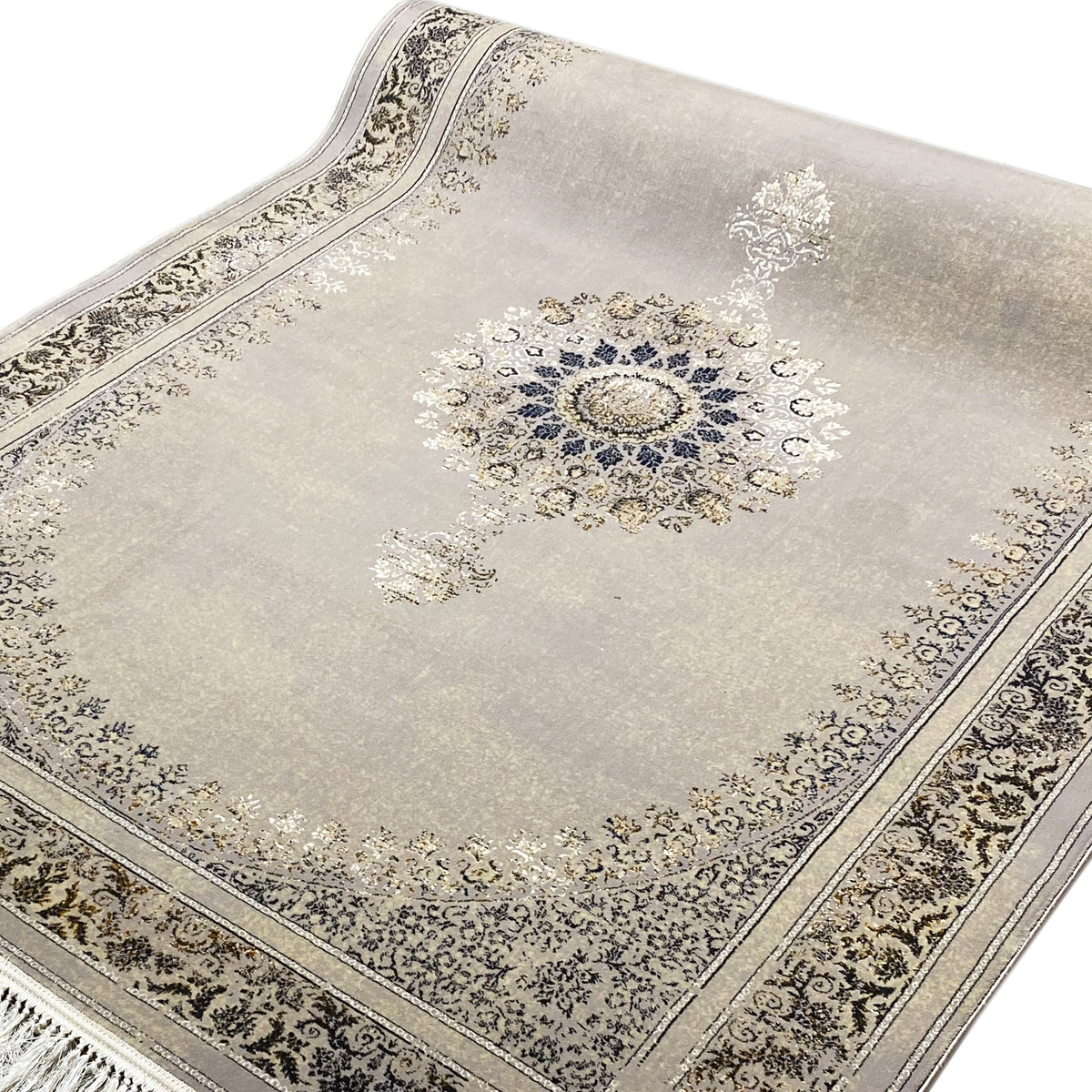 Tapis tissé 160x230 cm gris clair avec bordure ornementale et médaillon bleu et doré