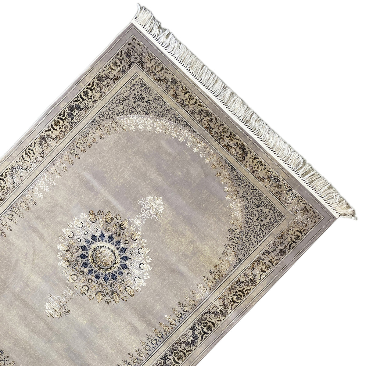 Tapis tissé 160x230 cm en diagonale : surface gris clair avec bordure baroque et franges