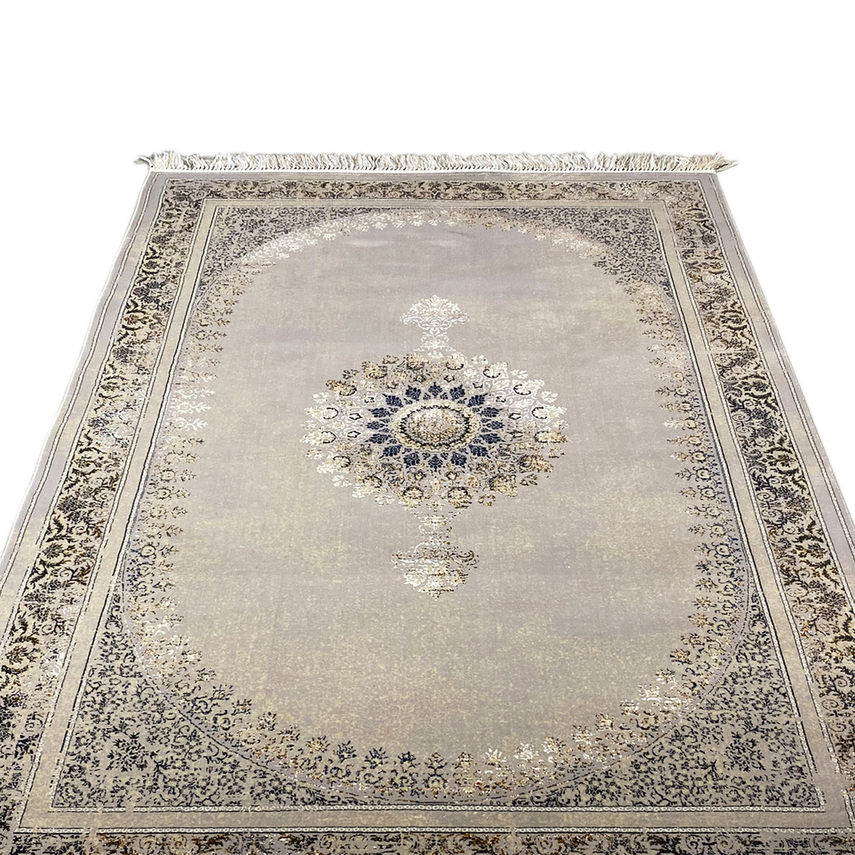 Tapis tissé 160x230 cm gris clair avec médaillon central, bordure ornée et franges