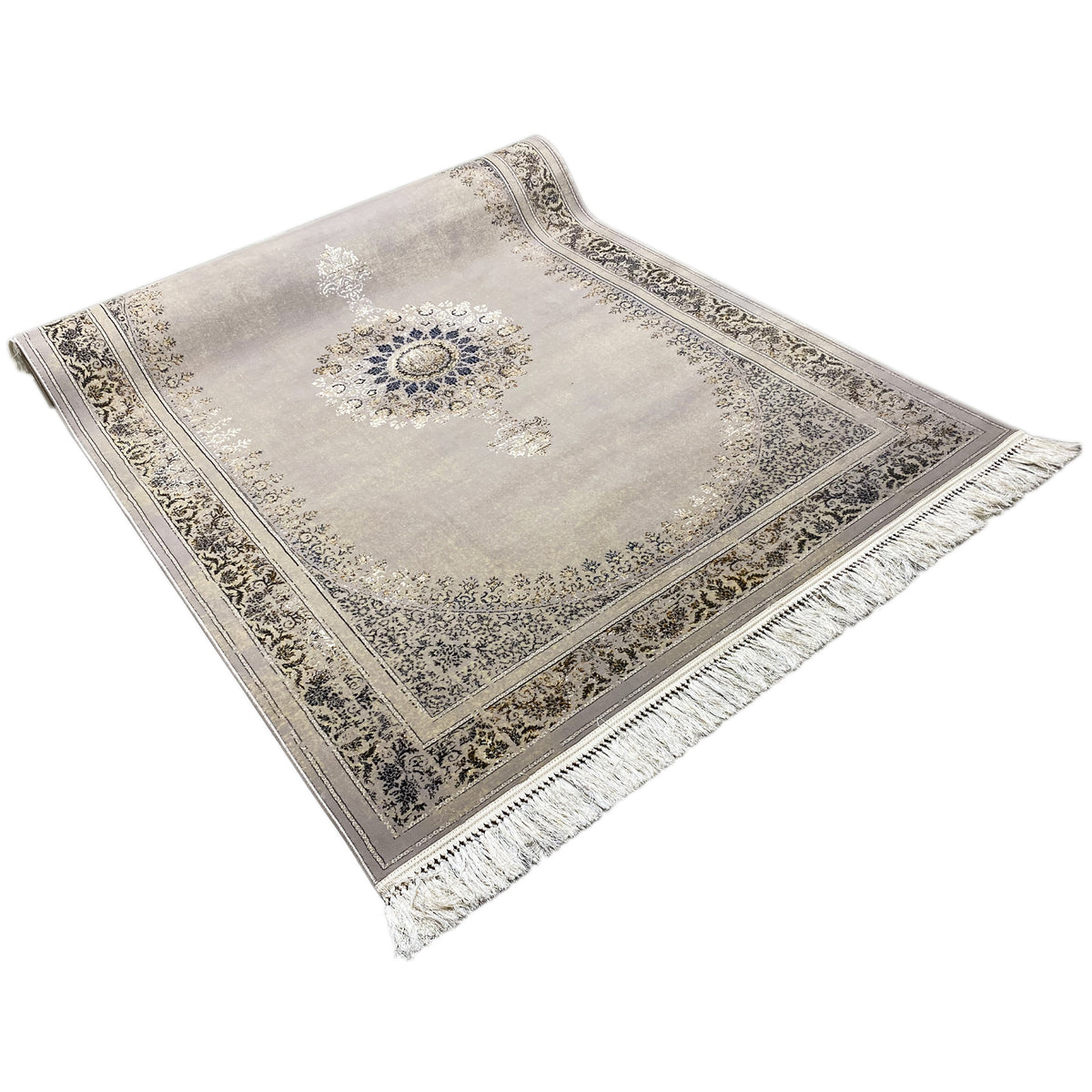 Tapis tissé 160x230 cm gris clair avec bordure décorative et franges aux coins