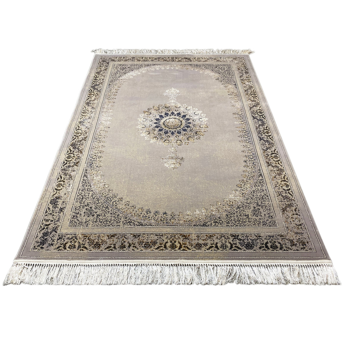 Tapis Wiesner 160x230 cm vue d’ensemble avec médaillon bleu, cadre paisley, franges