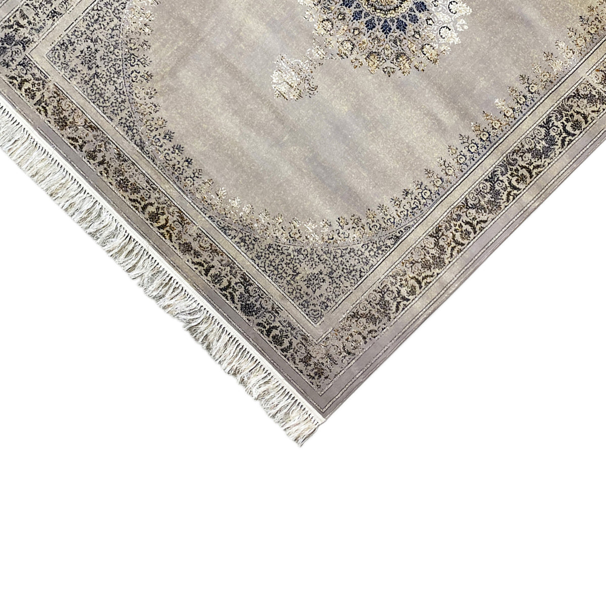 Tapis Wiesner 160x230 cm, coin : bordure ornementale bleue et dorée, avec franges