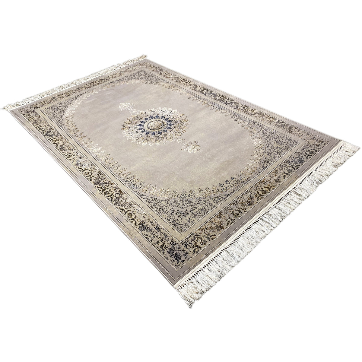 Tapis Wiesner 160x230 cm vue diagonale : cadre ornemental, centre bleu, franges aux coins