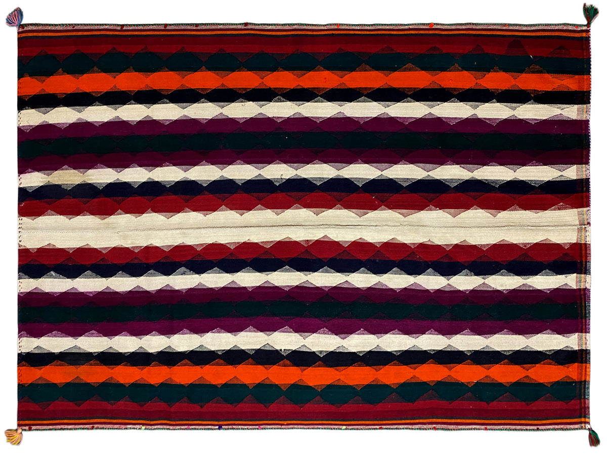 Tapis jajim à rayures horizontales rouges, violettes, bleu foncé et crème, avec des franges