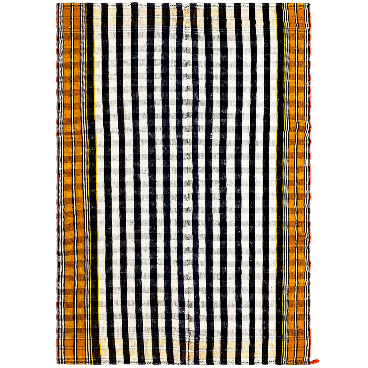 Tapis jajim à motif rayé noir et blanc avec bordure jaune-orange